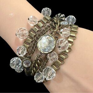 Vintage Multi-Strand Bracelet With Clear Crystal Beads & Antique Brass Chains Je